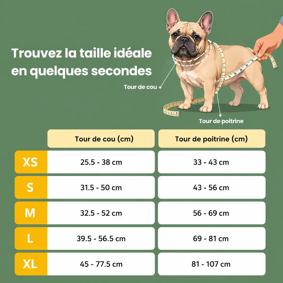 Guide des tailles du harnais Premium : tour de cou et tour de poitrail par taille, de XS à XL