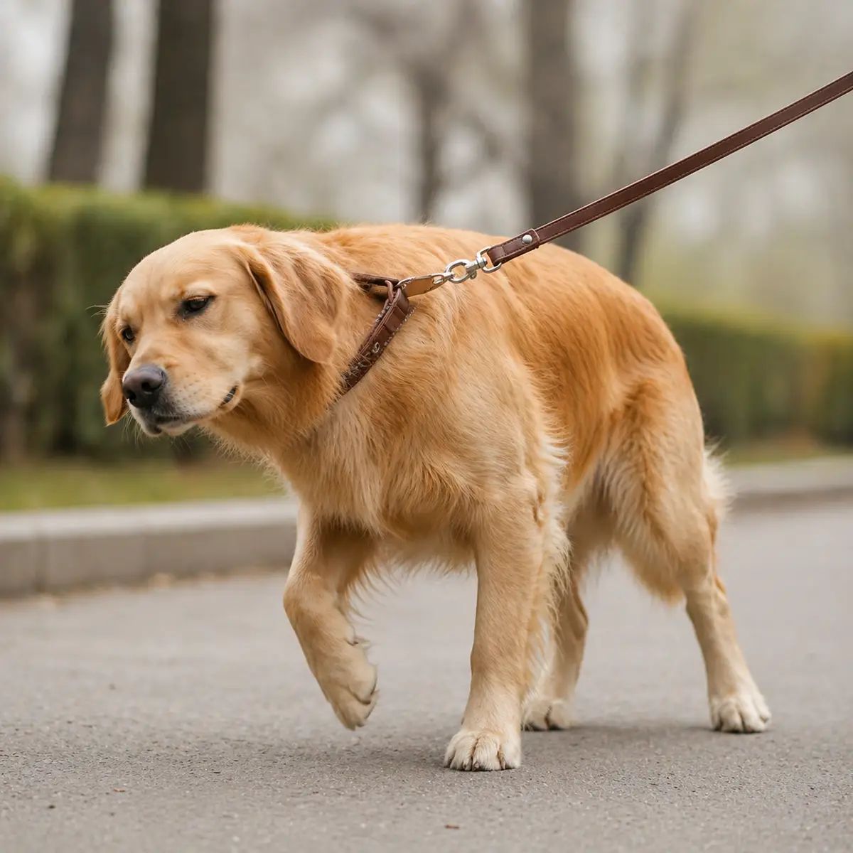 Golden Retriever tenu en laisse avec un harnais anti-traction orange lors d'une promenade