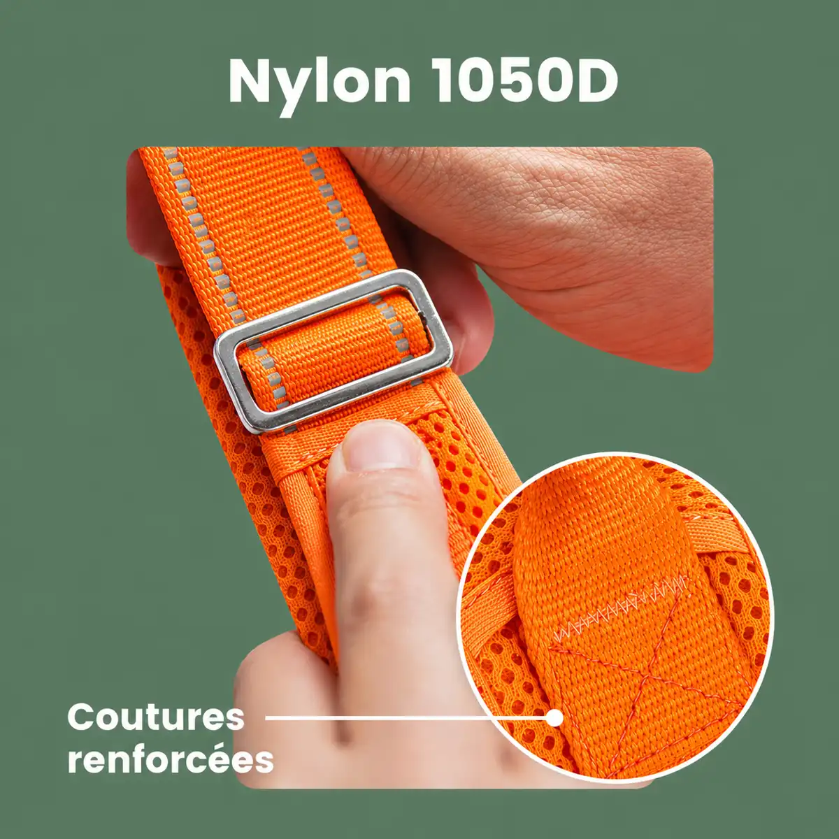 Gros plan sur le nylon 1050D et les coutures renforcées du harnais Premium